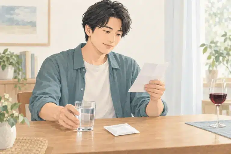 薬の説明を確認し、水を選ぶ人のイラスト