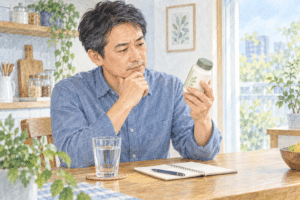 容器の表示を読みながらサプリを確認する男性