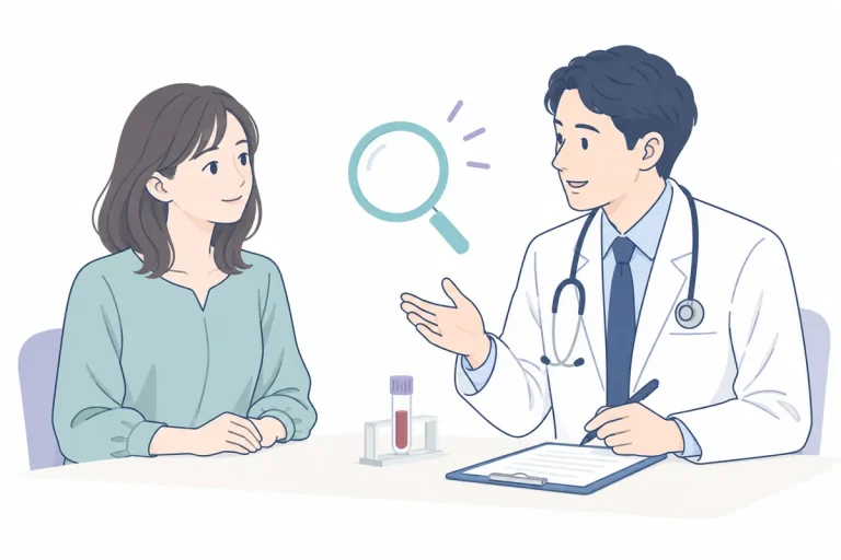 気になる症状や検査について医師に相談する女性のイラスト