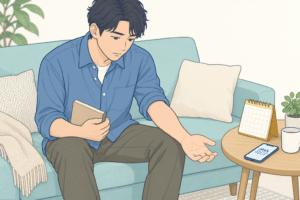 腕の様子を気にしながら受診の予定を考える人のイラスト