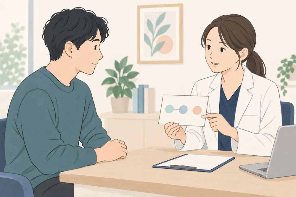 梅毒の治療と、その後の通院計画について説明を受ける場面のイラスト