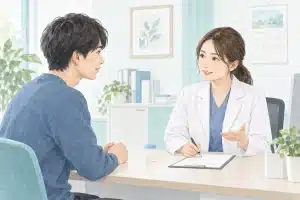 検査について診察室で相談する成人のイラスト