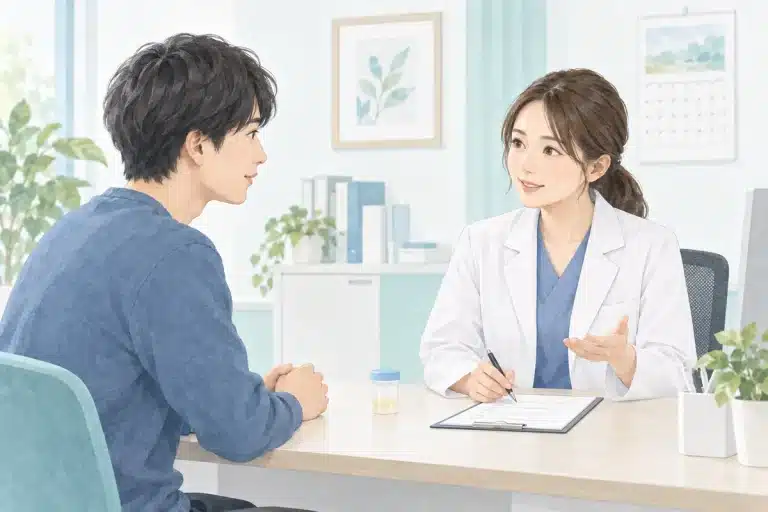検査について診察室で相談する成人のイラスト