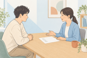 検査する部位についてスタッフに相談する人のイラスト
