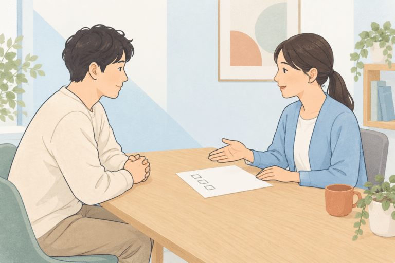 検査する部位についてスタッフに相談する人のイラスト