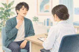 のどの違和感を医療者に相談する人のイラスト
