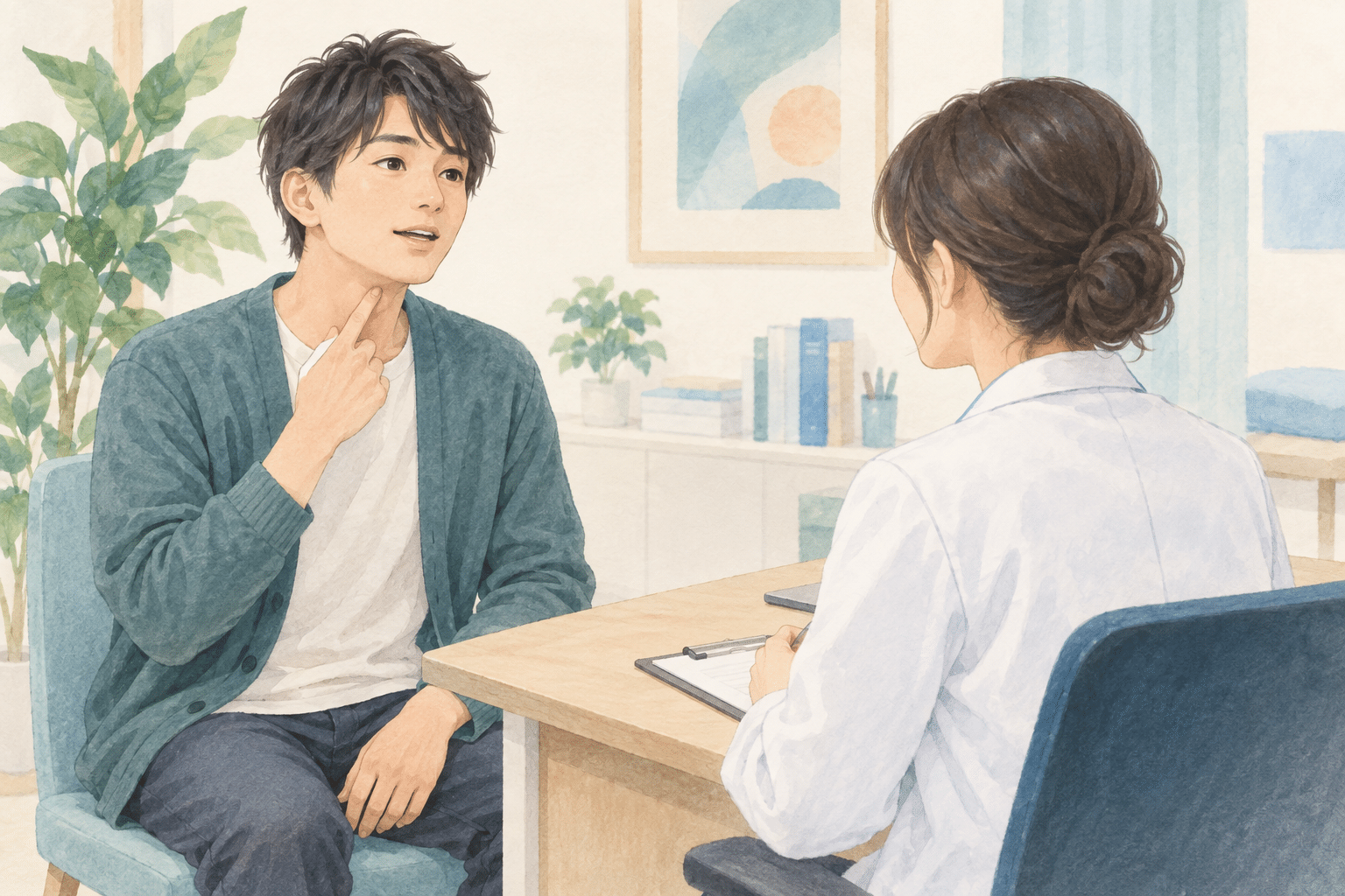 のどの違和感を医療者に相談する人のイラスト