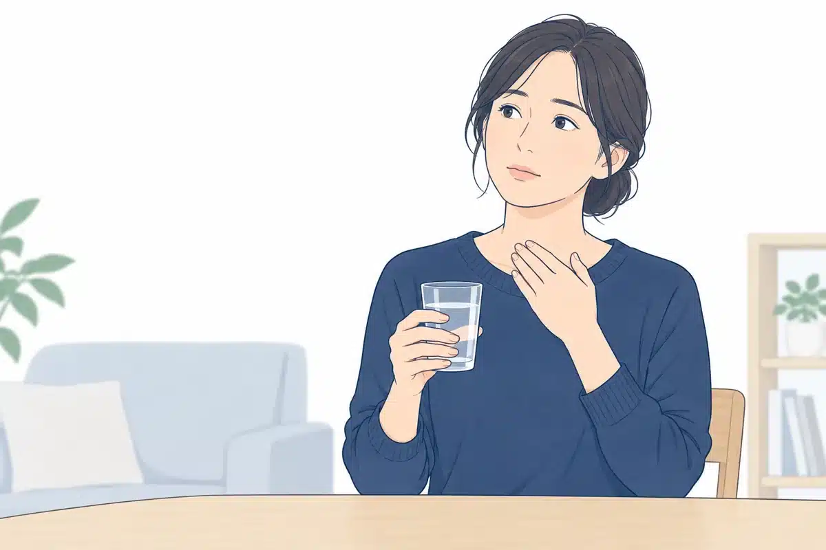 喉の違和感を気にかけ、水を手にする成人のイラスト