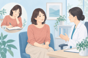 気になる変化をメモし、医師に相談する女性のイラスト