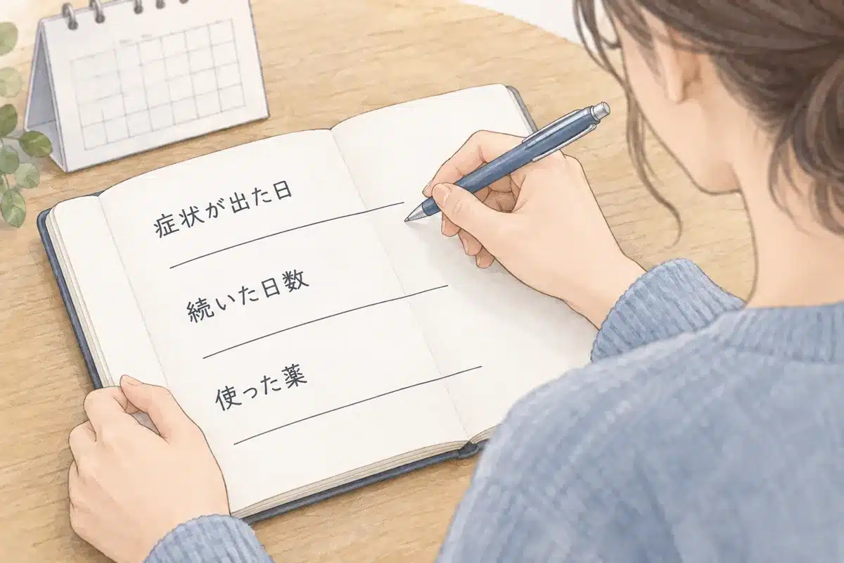 症状が出た日、続いた日数、使った薬をノートに記録する様子