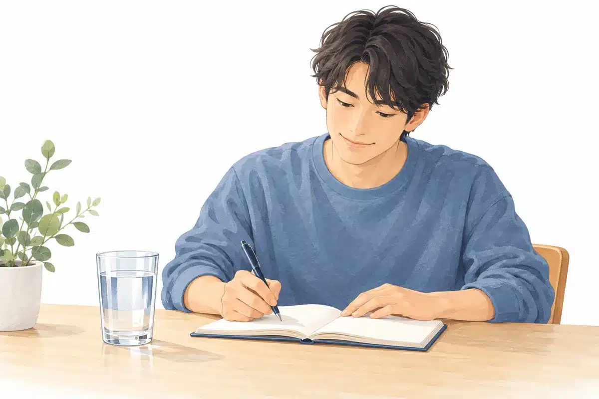 水を用意し、ノートに服用時刻を記録する成人のイラスト